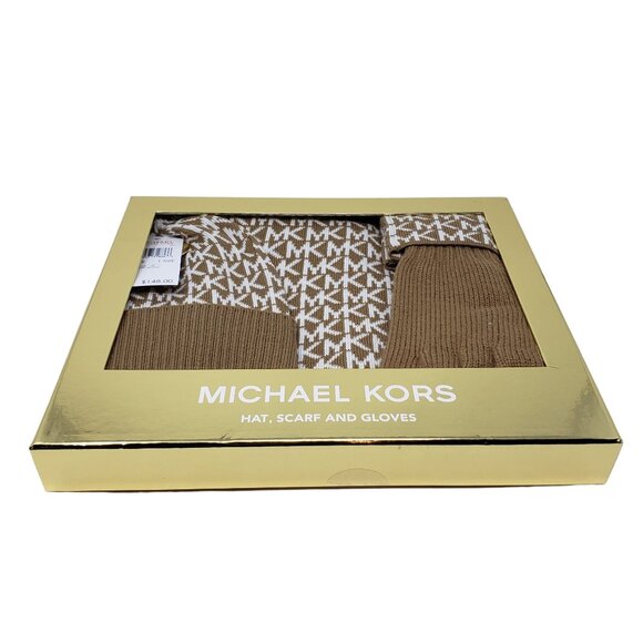 Michael Kors Women's 3 Piece Set Scarf Hat and Gloves Set Camel/Derby Grey - Picture 6 of 6